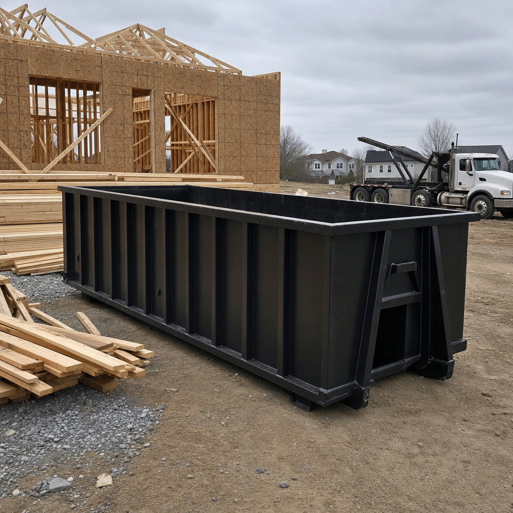 Matte-black 40-yard roll-off dumpster staged on a framed-out residential construction site in San Ramon, framing lumber stacked nearby, hooklift delivery truck visible in the background under bright Colorado daylight