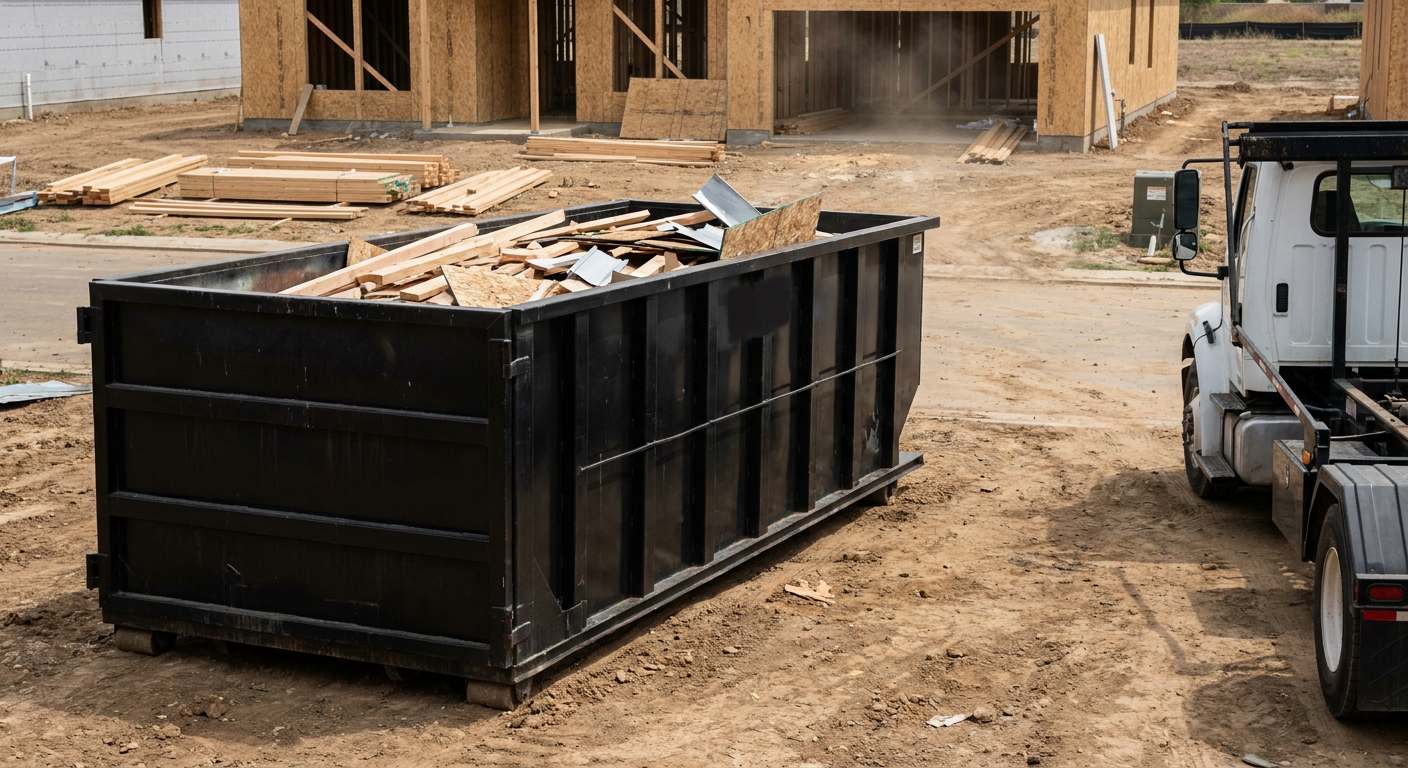 Matte-black 20-yard roll-off construction dumpster with heavy ribbed steel sidewalls and swing rear doors at a working jobsite in San Ramon, sitting directly on compacted dirt with an unmarked white hauler partially visible at the far edge of the frame.