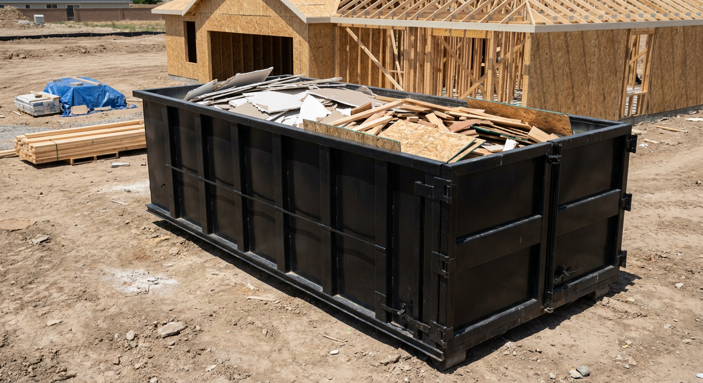 Matte-black 30-yard roll-off construction dumpster sitting directly on the compacted-dirt site of a framed single-family home build in San Ramon, drywall and lumber scrap loaded inside.