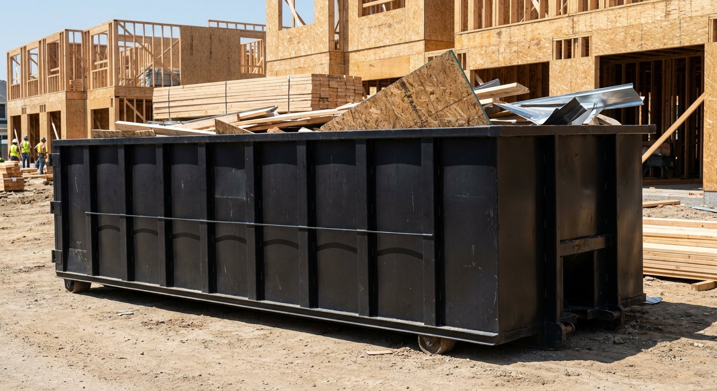 Matte-black 40-yard roll-off construction dumpster being lowered from a white-cab hooklift delivery truck onto the compacted-dirt jobsite at a commercial build site in San Ramon