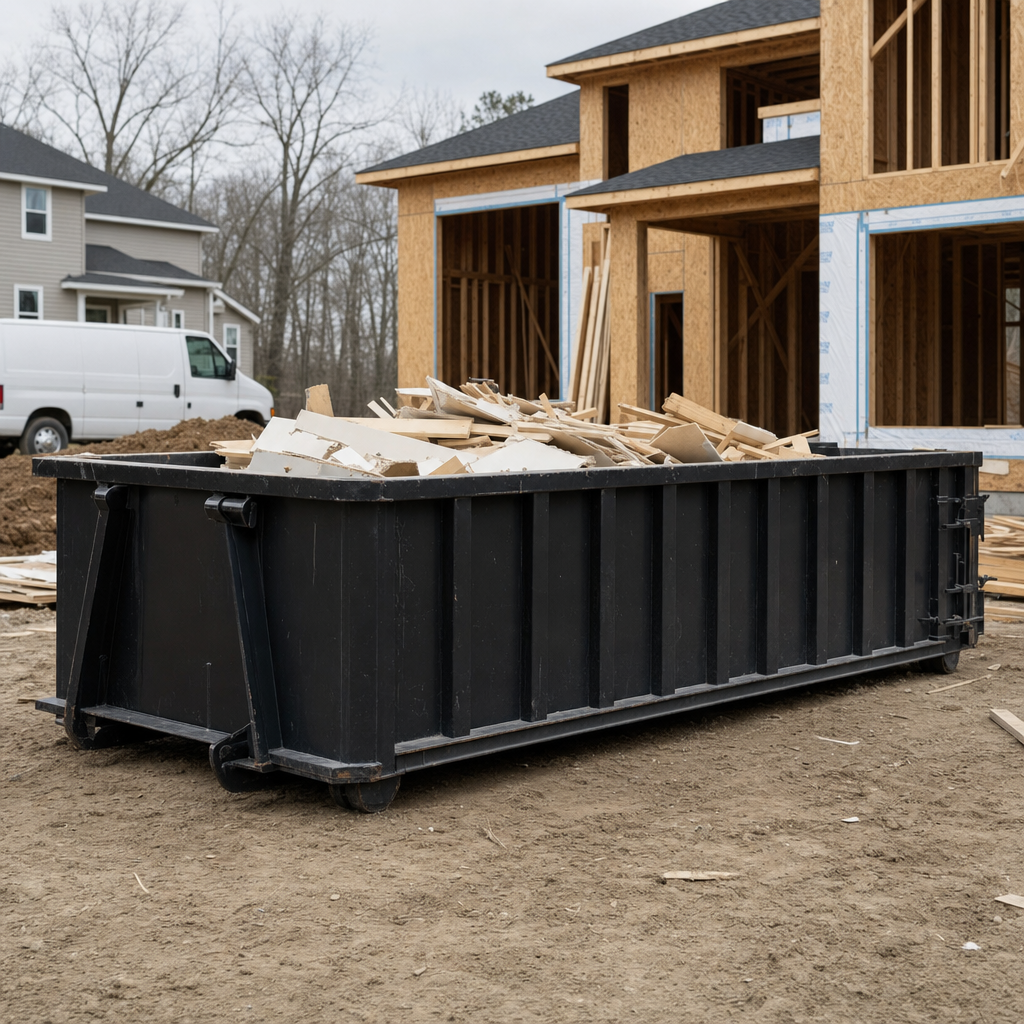 Worker in a yellow high-visibility vest tossing framing lumber and broken drywall into a matte-black 30-yard construction roll-off dumpster on an active build site in San Ramon, bright daylight