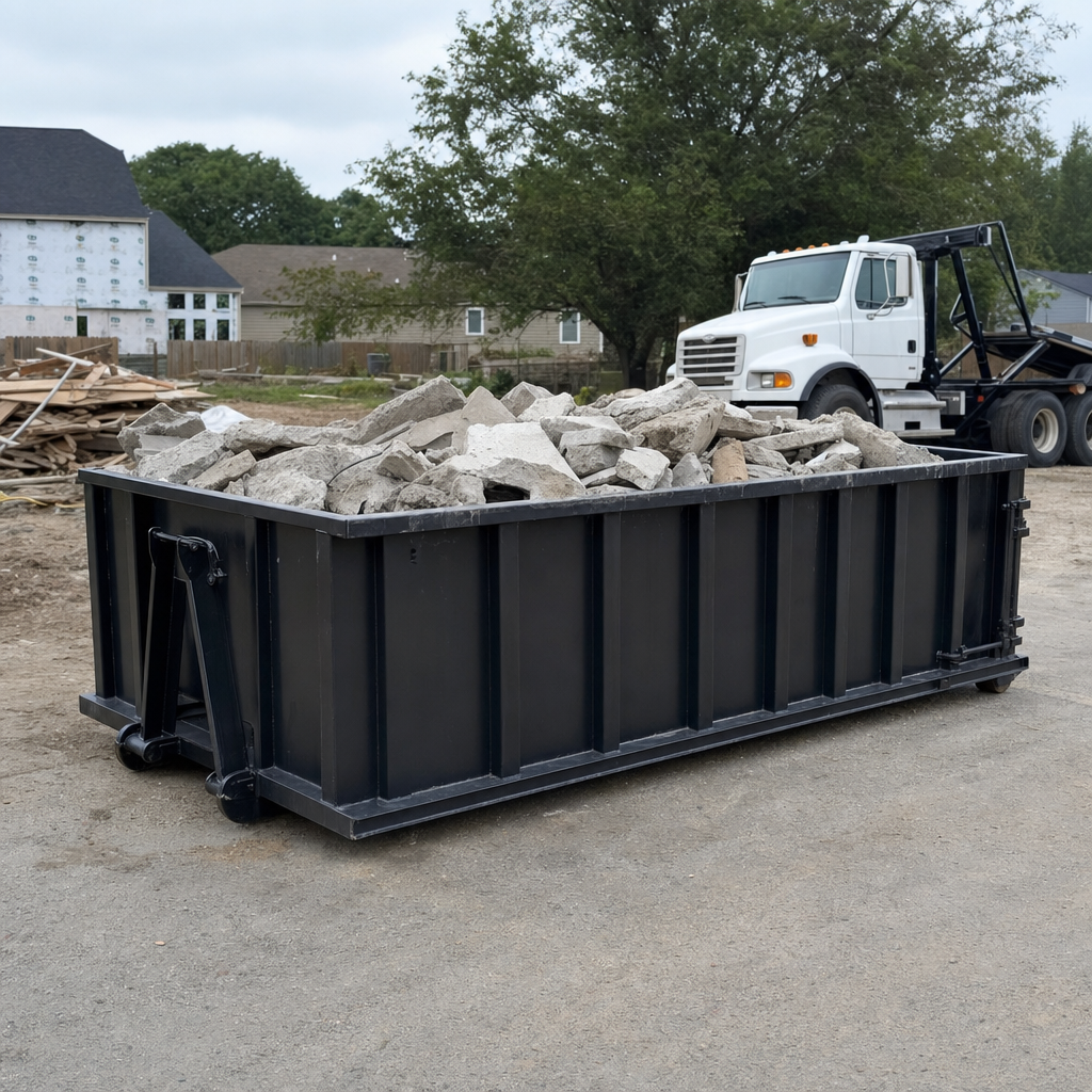 Low-profile matte-black lowboy roll-off dumpster loaded with broken concrete slab and rebar at a foundation tear-out in San Ramon, skid steer parked beside it, sunny Colorado morning