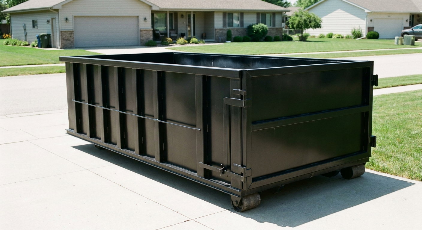 Matte-black 10-yard roll-off dumpster on a residential concrete driveway in San Ramon, uniformly painted matte black across every panel and rail, ribbed steel sidewalls and rear swing door visible, mid-day daylight.