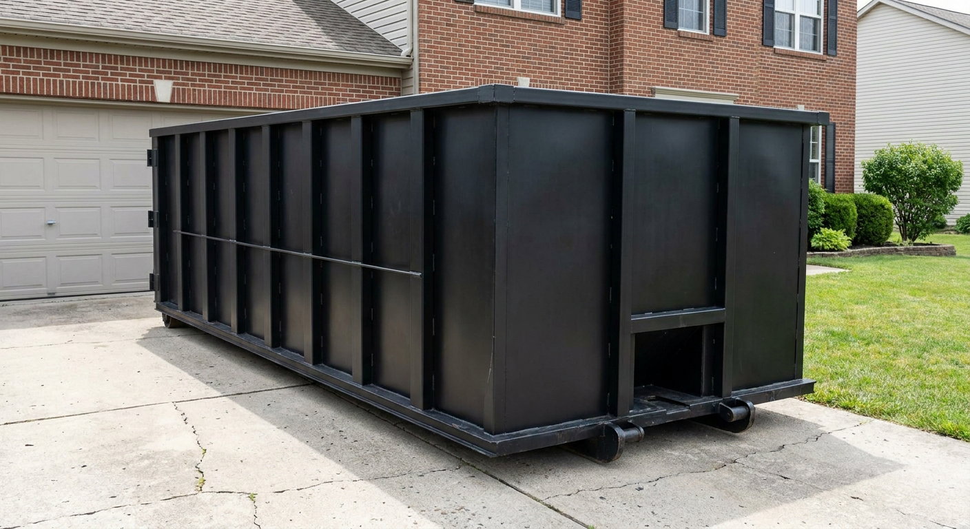 Matte-black 20-yard roll-off container on a San Ramon residential concrete driveway with reinforced ribbed steel sidewalls and a hinged rear walk-in door, clean bright daylight.