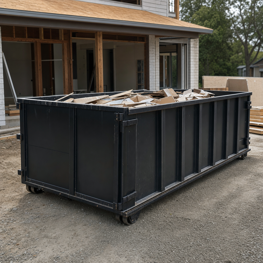 Large matte-black 30-yard construction roll-off dumpster at an active San Ramon jobsite, steel-gray top rails and bottom rollers visible, loaded with construction debris.