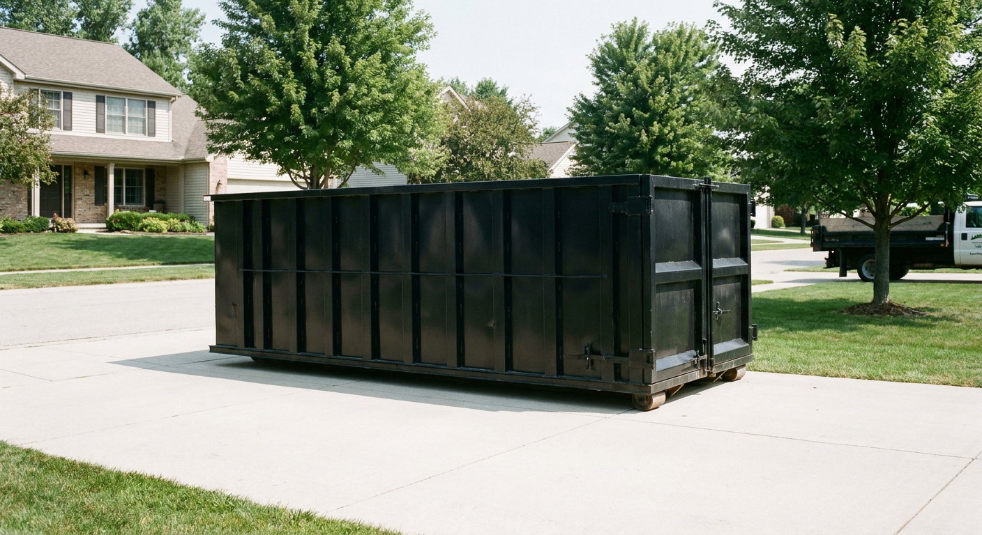 Matte-black 20-yard roll-off dumpster sitting level on a clean San Ramon residential concrete driveway under bright daylight, demonstrating clean placement directly on the concrete.