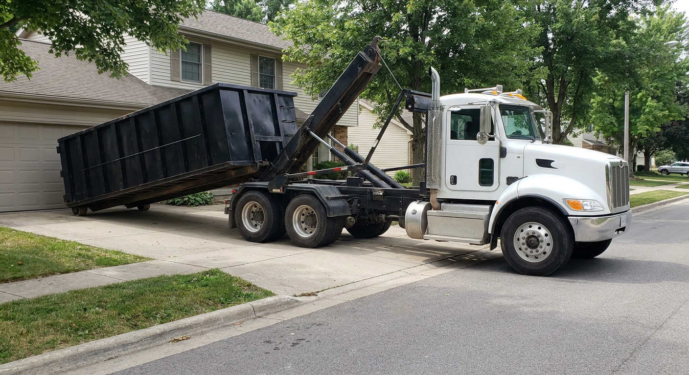 White-cab hooklift roll-off truck actively lowering a matte-black dumpster onto a San Ramon residential concrete driveway, the dumpster's rear wheels touching the driveway as the hoist arm tilts the bed forward, mid-morning daylight.