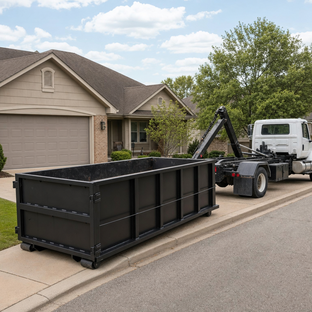 Wide documentary shot of a matte-black roll-off dumpster on a San Ramon residential driveway in the foreground and a contractor jobsite container in the soft-focus background, bright daylight, calm and orderly composition.