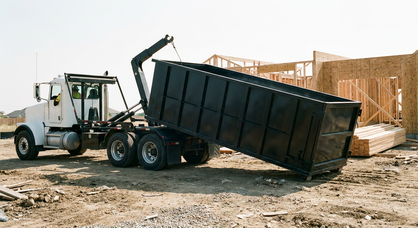 Matte-black roll-off dumpster being delivered onto a clean residential concrete driveway in San Ramon by an unmarked white hooklift hauler truck, bright morning daylight, documentary 35mm perspective.