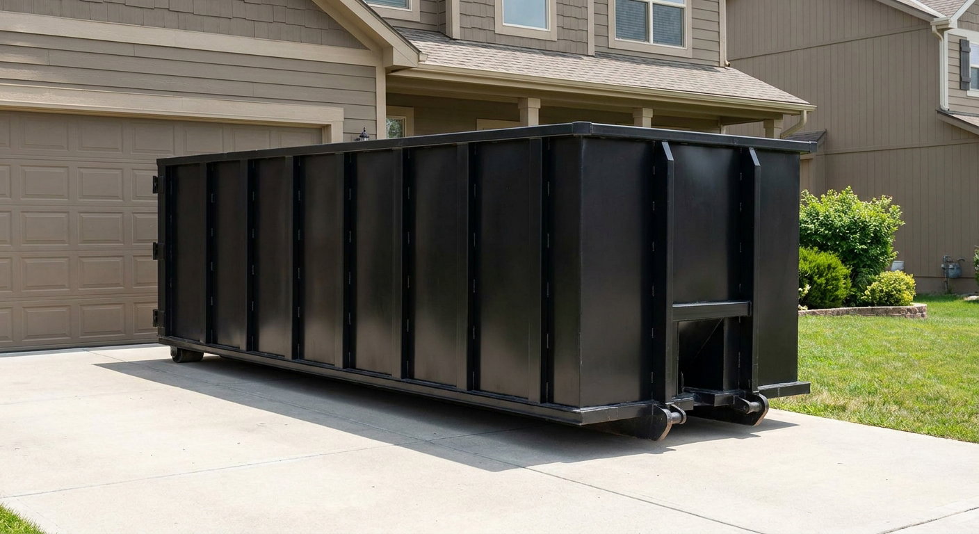 Matte-black residential roll-off dumpster sitting directly on a suburban San Ramon concrete driveway, garage door closed, single-family home in background, bright morning daylight.