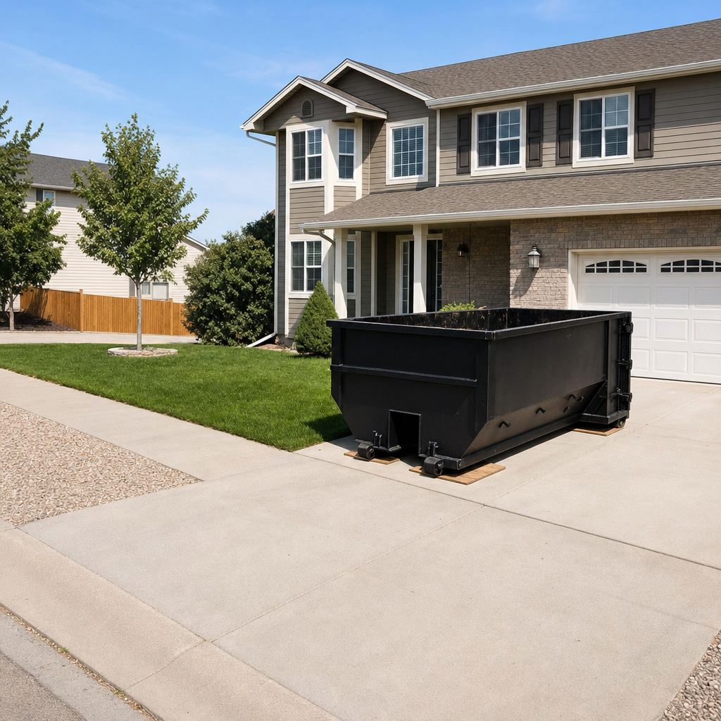 10-yard matte-black residential dumpster placed directly on a narrow San Ramon concrete driveway, room remains for a parked sedan beside it, mid-morning natural light