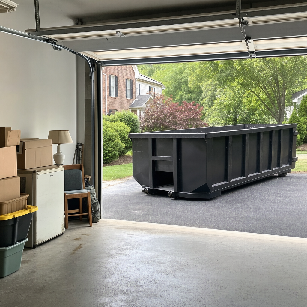 Open garage interior in a San Ramon home mid-cleanout — boxed items, an old appliance, and stacked yard tools queued near the driveway for a matte-black roll-off dumpster, organized and calm