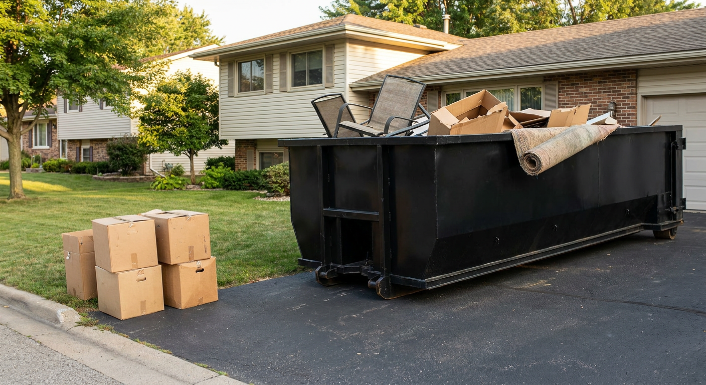 Front-yard view of a San Ramon split-level home with a 20-yard matte-black roll-off dumpster sitting directly on the asphalt driveway, a few clearly labeled donation boxes staged at the curb, calm sunny afternoon.