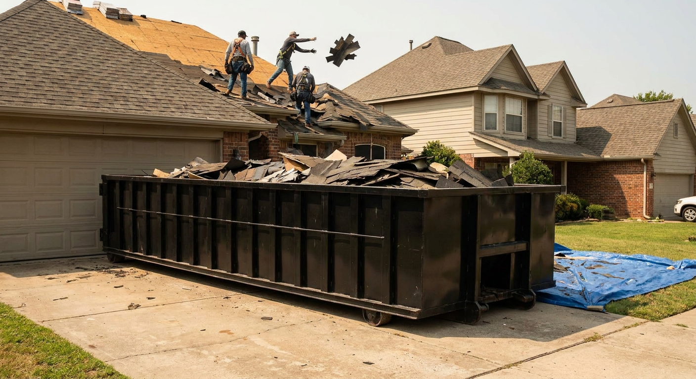 Matte-black roofing roll-off dumpster placed directly on a San Ramon residential concrete driveway, a tear-off crew on a two-story asphalt-shingle roof tossing shingle bundles into the low-walled container, bright daylight, documentary 35mm perspective.