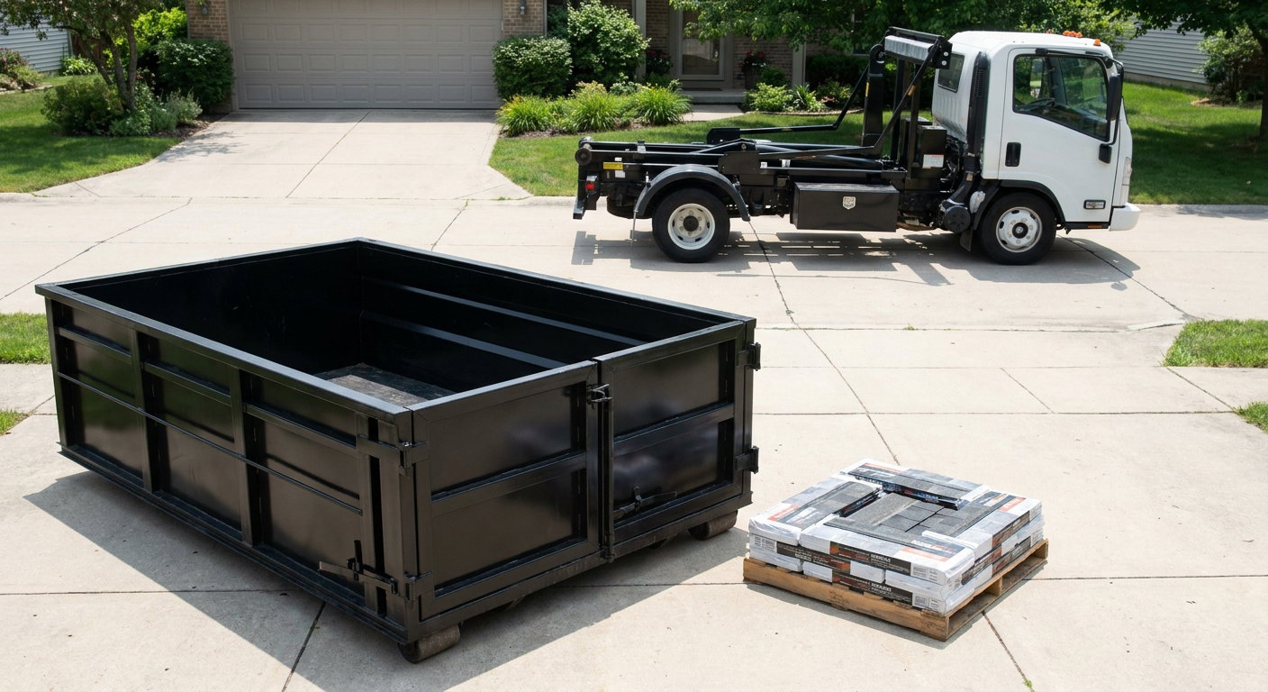 Matte-black 15-yard roofing roll-off dumpster with reinforced low side walls sitting directly on a San Ramon residential concrete driveway, three-tab asphalt shingle bundles stacked nearby, an unmarked white hauler truck partially visible at the edge of the frame.