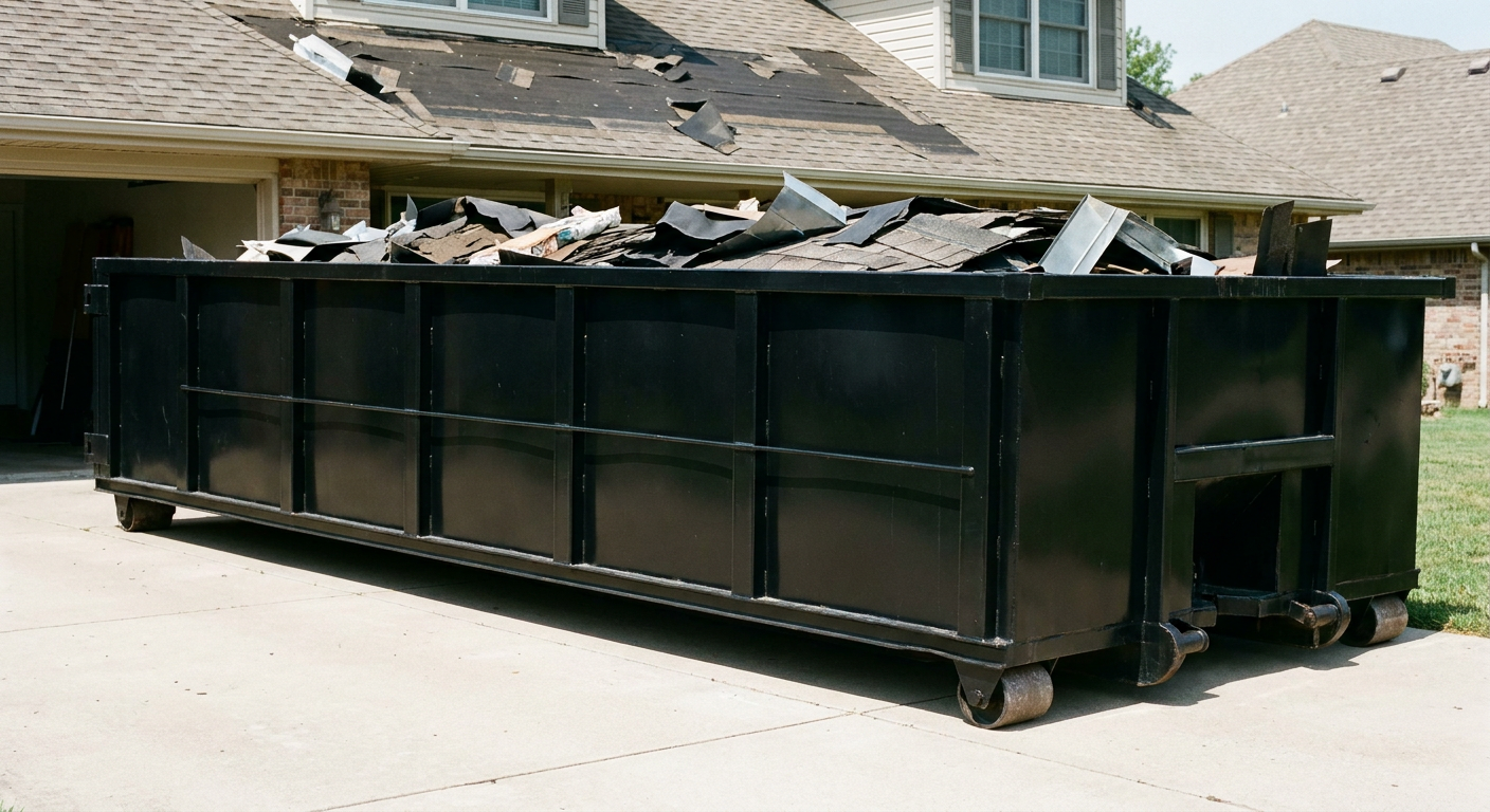 Matte-black 20-yard roofing roll-off dumpster with steel ribbed sides and swinging rear door, sitting directly on the concrete driveway of a two-story San Ramon home, asphalt shingle debris being loaded over the low wall, clean documentary lighting.