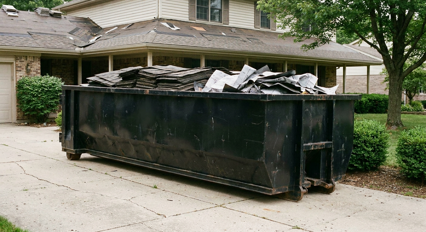 Matte-black 30-yard roofing roll-off dumpster sitting directly on a San Ramon concrete driveway, taller ribbed steel side panels, mixed tear-off debris of asphalt shingles and underlayment inside, professional documentary daylight.