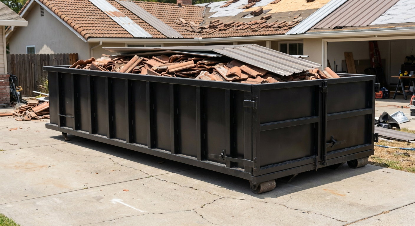 Matte-black low-wall heavy-debris roofing roll-off dumpster sitting directly on a San Ramon concrete driveway, broken concrete clay roof tiles and metal panel sections loaded inside, reinforced ribbed steel side walls visible, bright outdoor daylight.