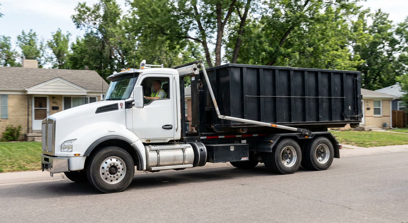 A wide documentary shot of a matte-black roll-off delivery truck pulling onto a quiet San Ramon residential street at mid-morning, with neighborhood rooftops and tree-lined blocks visible behind, showing the metro coverage footprint.