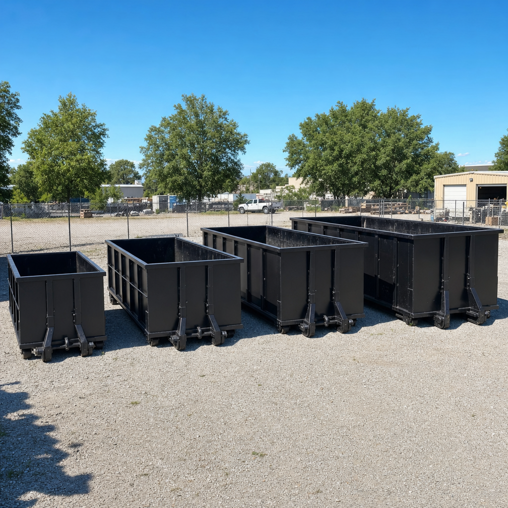 A clean lineup of matte-black roll-off dumpsters in 10, 20, 30, and 40-yard sizes staged on a sunlit gravel yard in San Ramon, showing the size progression from compact to commercial-scale containers.