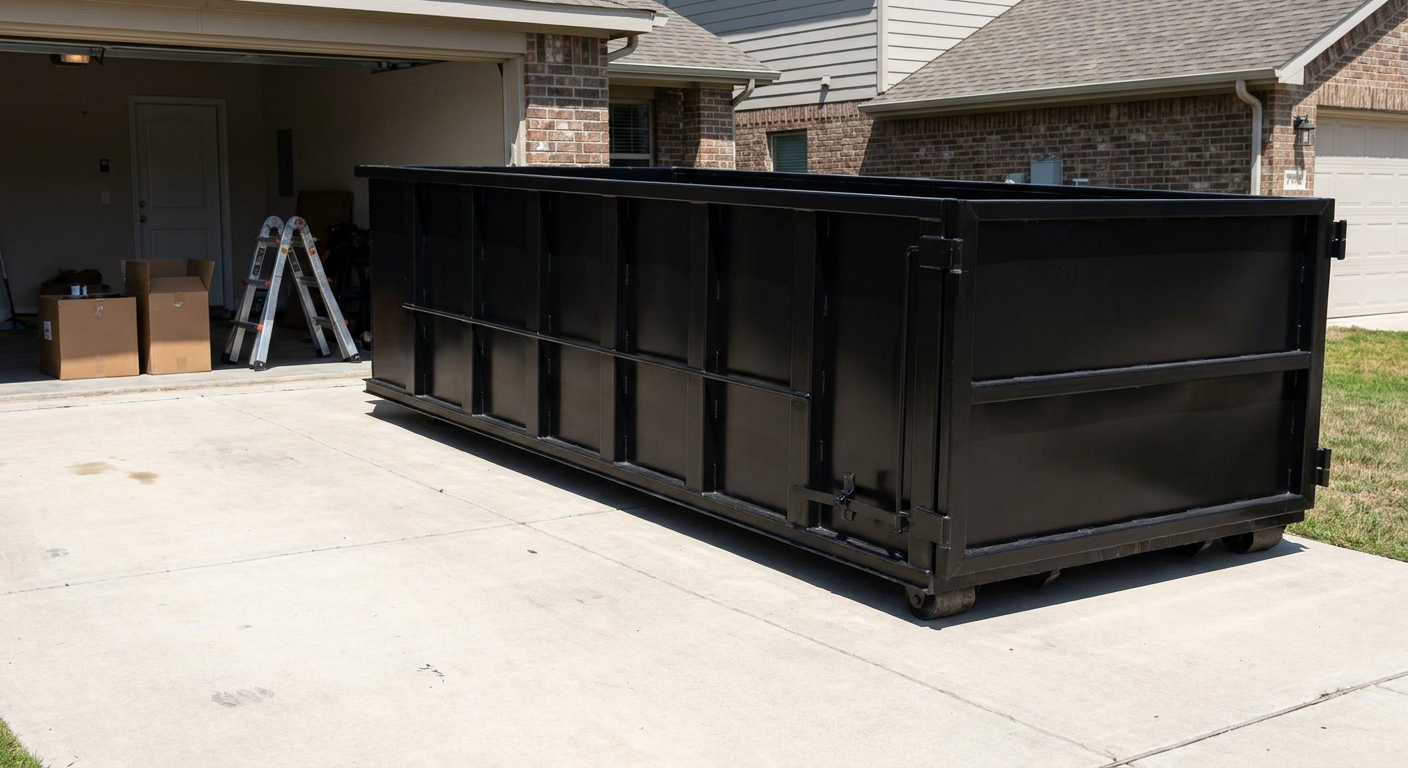 A matte-black 10-yard roll-off dumpster sitting directly on a residential San Ramon concrete driveway, mid-day sunlight, clean and ready for a garage cleanout.