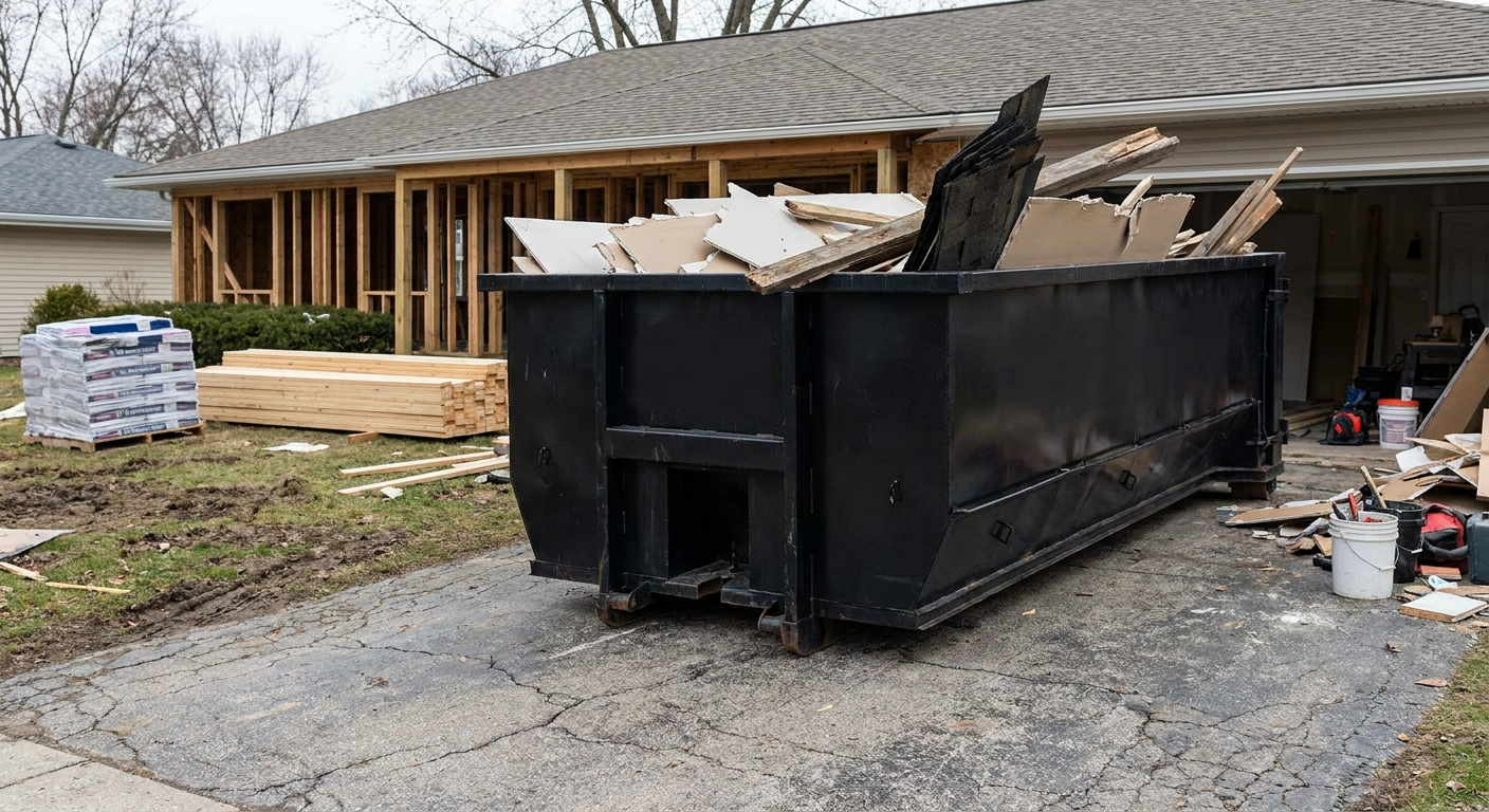 A matte-black 20-yard roll-off dumpster placed alongside a mid-renovation San Ramon home directly on the asphalt driveway, with framing materials and torn-off shingles staged neatly nearby.