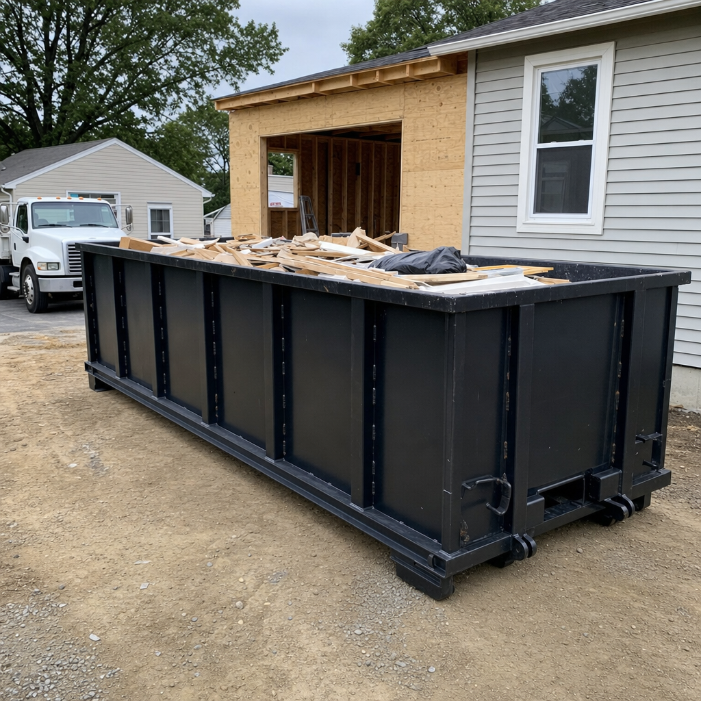 A matte-black 30-yard roll-off dumpster positioned at a San Ramon residential addition jobsite, with framing lumber and drywall scraps loaded through the open swinging rear doors.