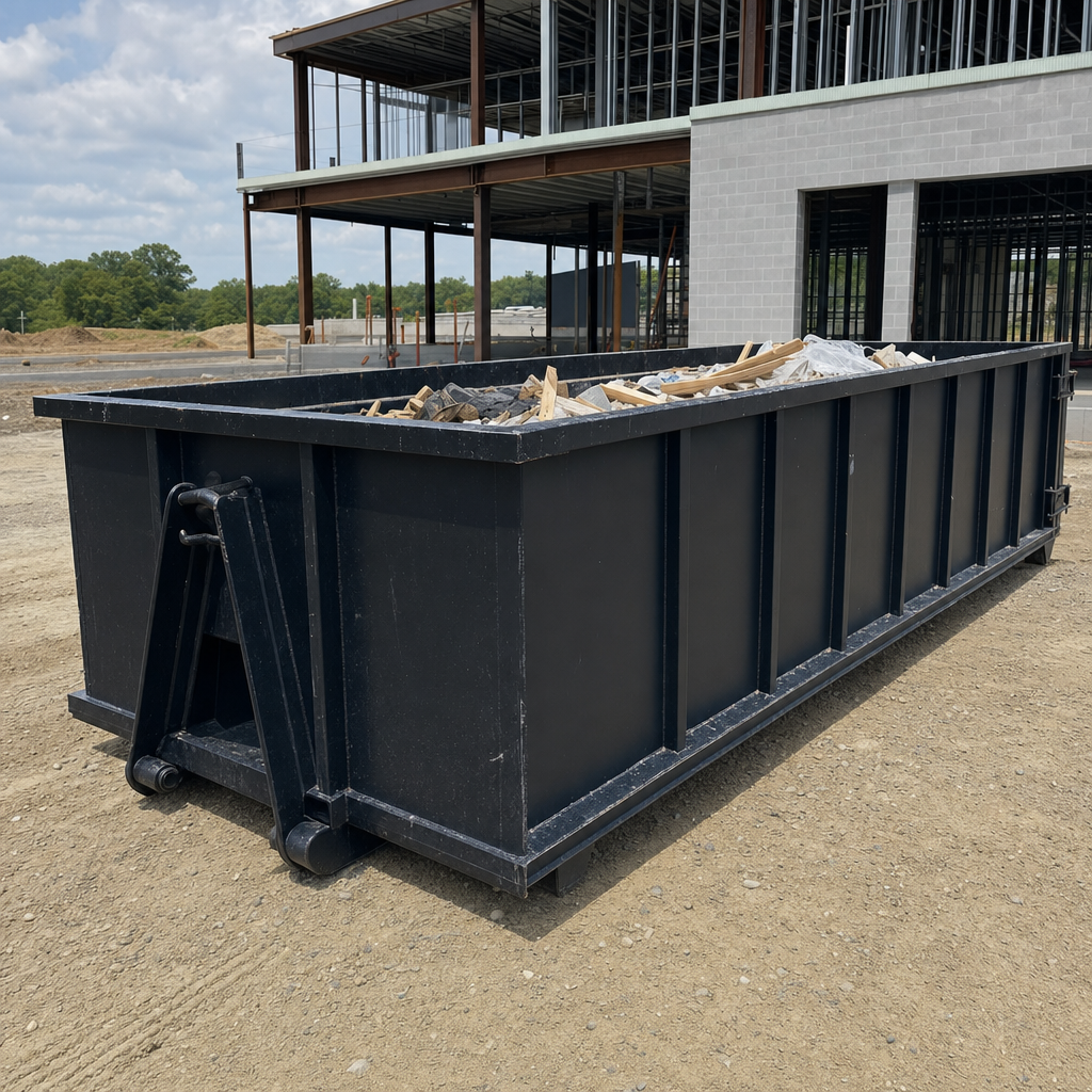 A matte-black 40-yard roll-off dumpster staged on a large San Ramon commercial construction lot, with a hooklift delivery truck parked alongside under bright midday sky.