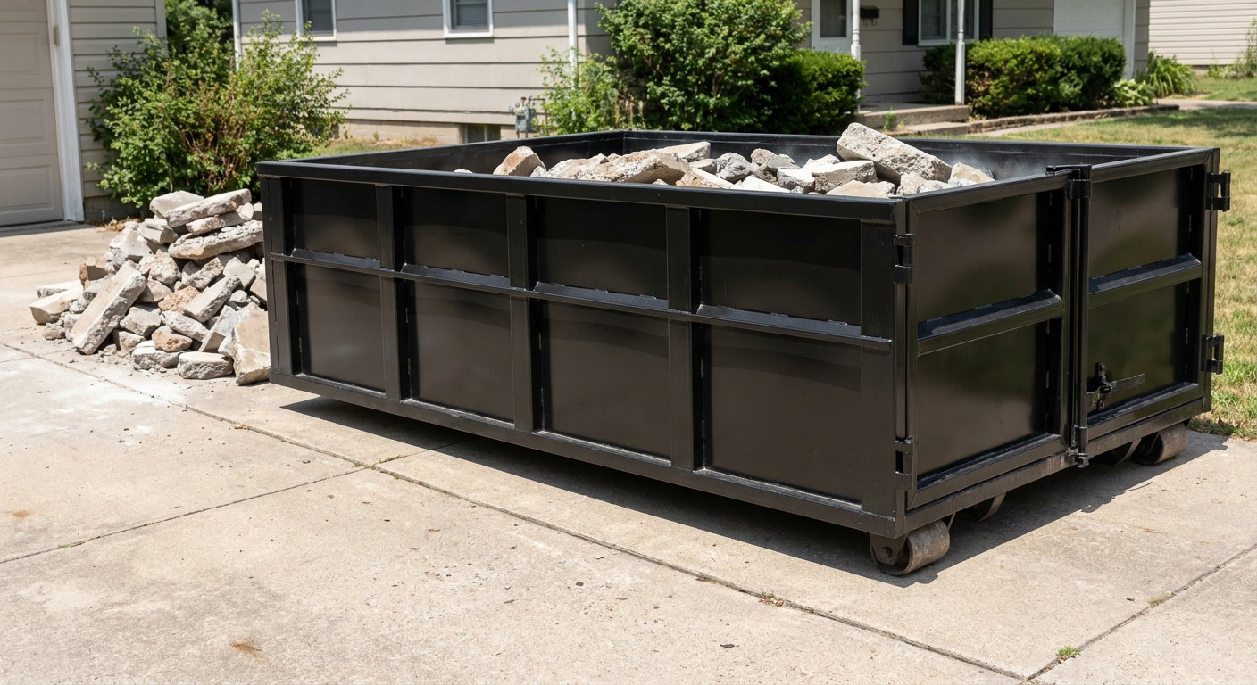 A matte-black low-side heavy-debris roll-off dumpster placed directly on a San Ramon concrete driveway, with broken concrete chunks neatly stacked beside it under clean daylight.